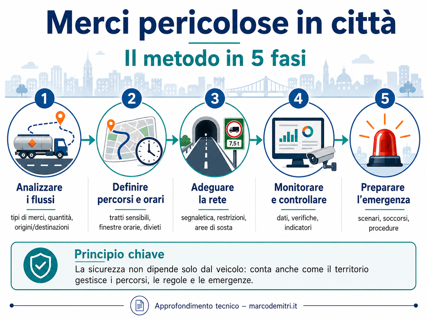 Metodo in cinque fasi per gestire le merci pericolose in città: analisi dei flussi, definizione di percorsi e orari, adeguamento della rete, monitoraggio e preparazione dell’emergenza.