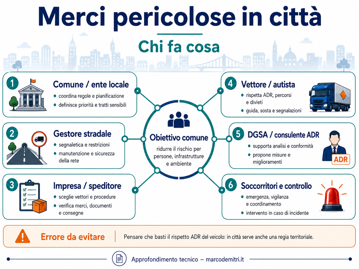 Ruoli nella gestione urbana delle merci pericolose: Comune, gestore stradale, impresa, vettore, consulente ADR, soccorritori e organi di controllo.