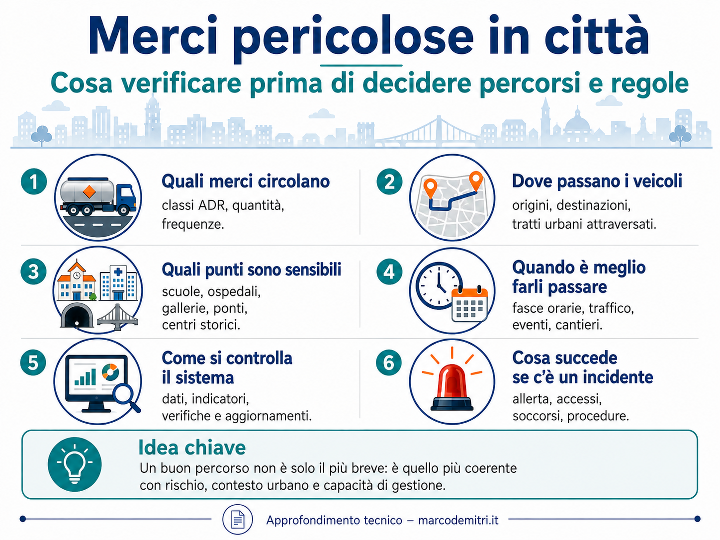 Sei verifiche per definire percorsi e regole dei trasporti ADR in città: merci, itinerari, punti sensibili, orari, controlli e gestione degli incidenti.