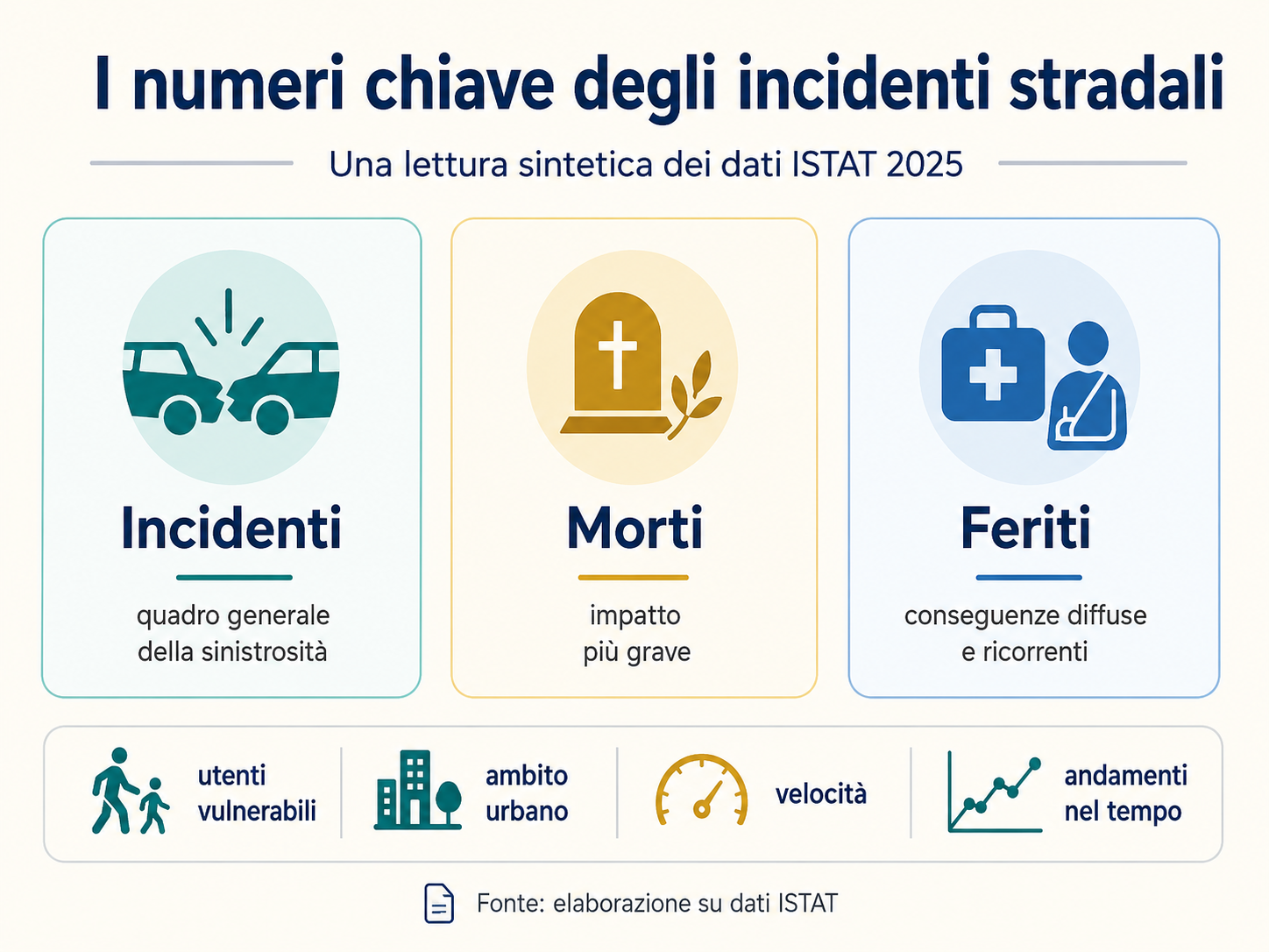 Infografica sui principali dati ISTAT 2025 degli incidenti stradali: incidenti, morti, feriti, utenti vulnerabili, ambito urbano, velocità e andamento nel tempo.